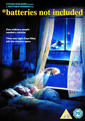 DVD cover for "Batteries Not Included" showing UFOs and a woman in bed.