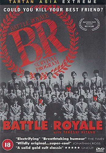 DVD cover for “Battle Royale” featuring students and red lettering.
