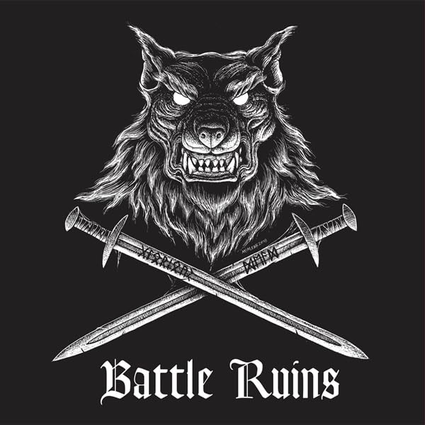 Black and white illustration of a wolf's head with crossed swords.