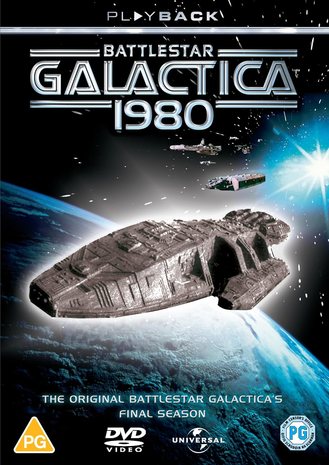 Battlestar Galactica 1980 DVD cover with spaceship and blue nebula background.
