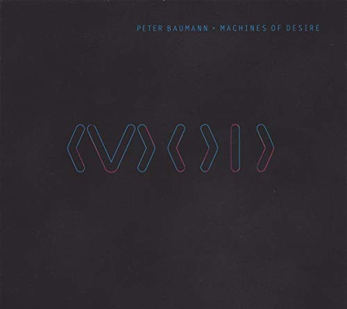 Album cover with blue and red geometric symbols on a dark textured background.