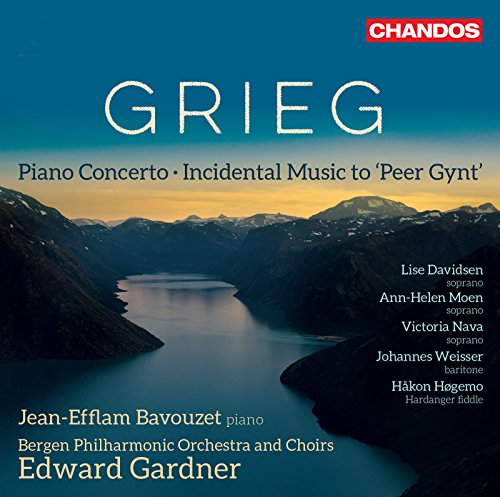 CD cover for Grieg’s Piano Concerto with mountain landscape backdrop.