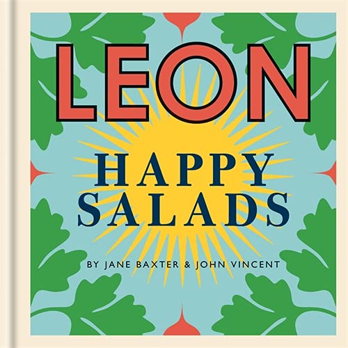 Book cover for “Happy Salads” by Leon, with leafy green illustrations.