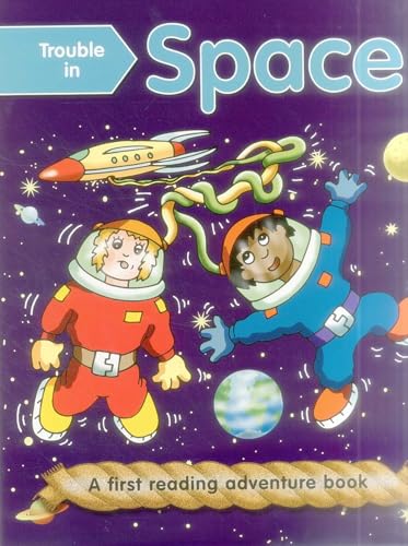 Book cover: two astronauts in space with a spaceship and planets.