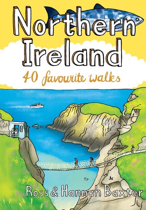 Book cover: “Northern Ireland: 40 Favourite Walks” with coastal illustration.