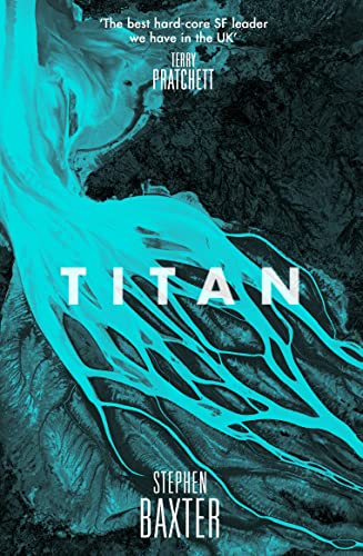 Book cover for "Titan" by Stephen Baxter, with abstract blue and black design.