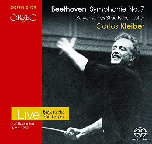CD cover showing conductor Carlos Kleiber with raised arms, text about Beethoven's Symphony No. 7.