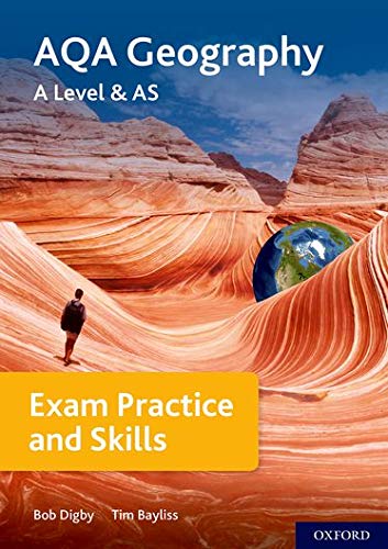 Geography textbook cover with layered rock formations and a small Earth image.