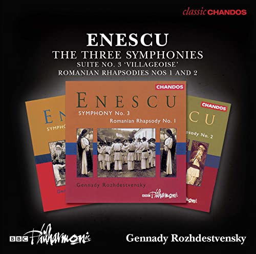 CD cover art showing three Enescu symphony albums featuring traditional Romanian folk imagery.