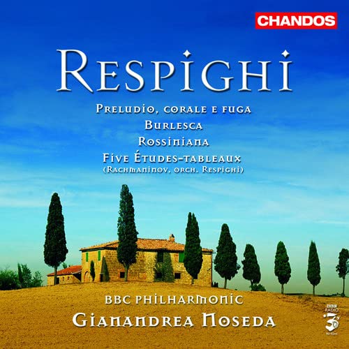 CD cover for Respighi orchestral works with Tuscan landscape.