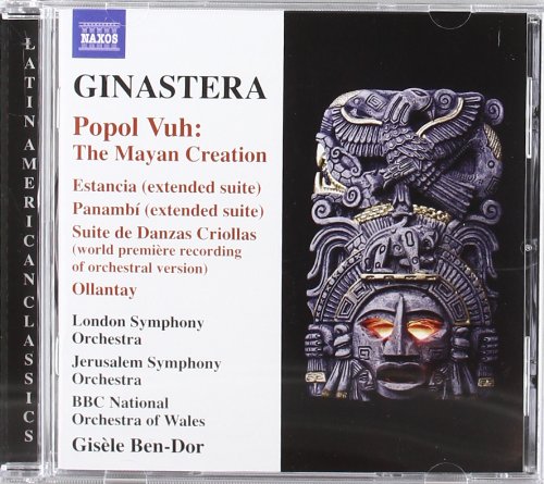"CD cover with Mayan mask artwork and orchestra details on a black and white background."