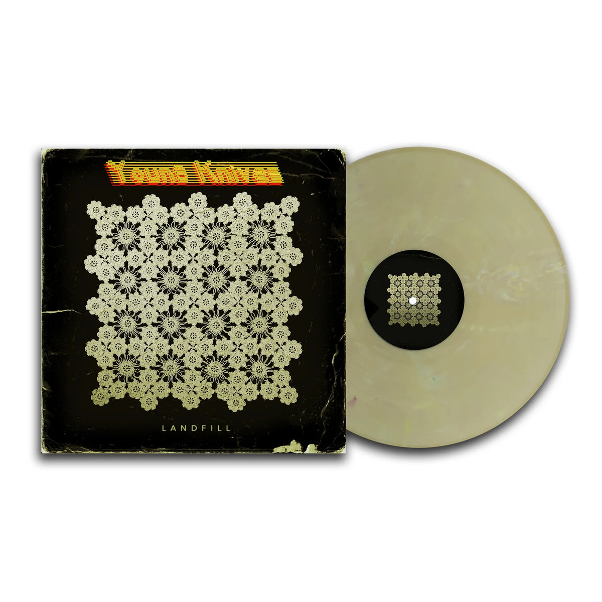 Album cover for Young Knivesā āLandfillā featuring a crocheted flower design.