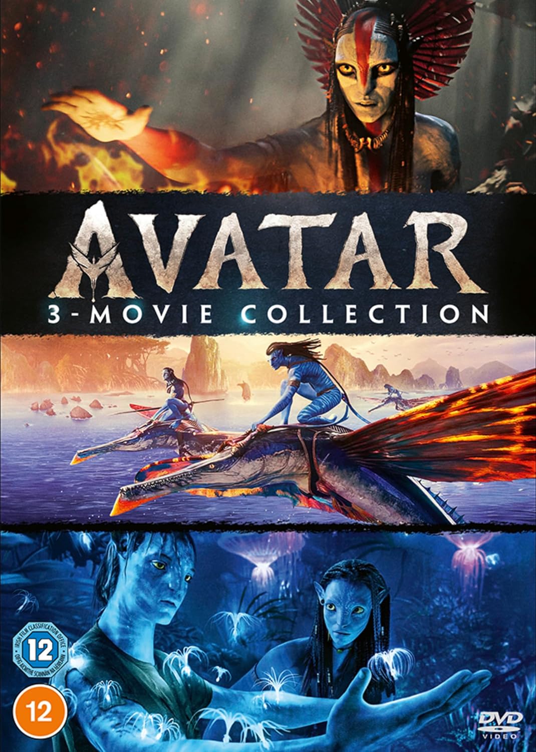 Avatar 3-Movie Collection" DVD cover with large, metallic-effect title text.