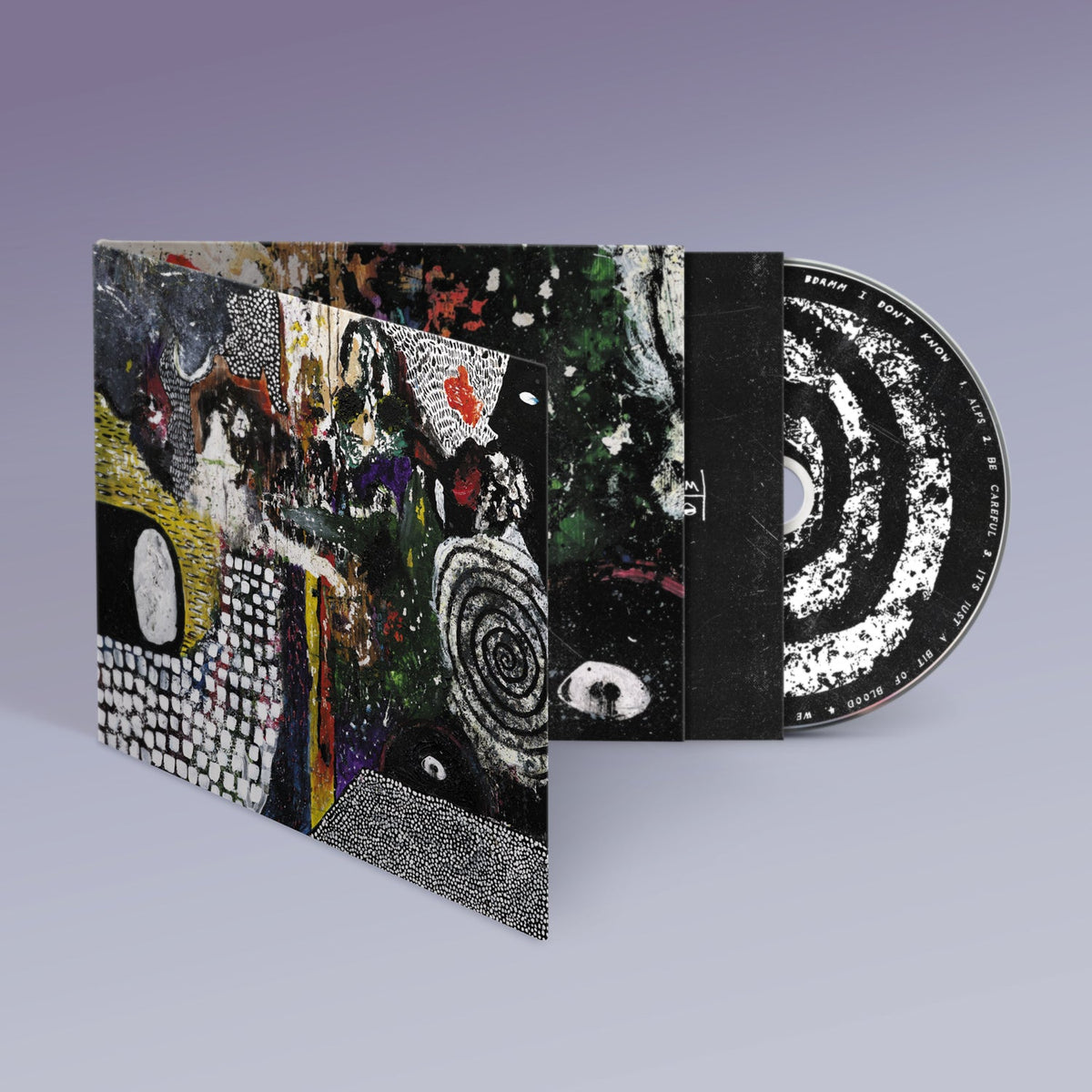 CD case with abstract black and white swirl design and colorful paint splatters.