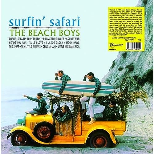 Beach Boys' "Surfin' Safari" clear vinyl album cover with vintage car scene.