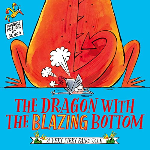 A knight peeks from behind a large dragon's bottom on a bright blue background.