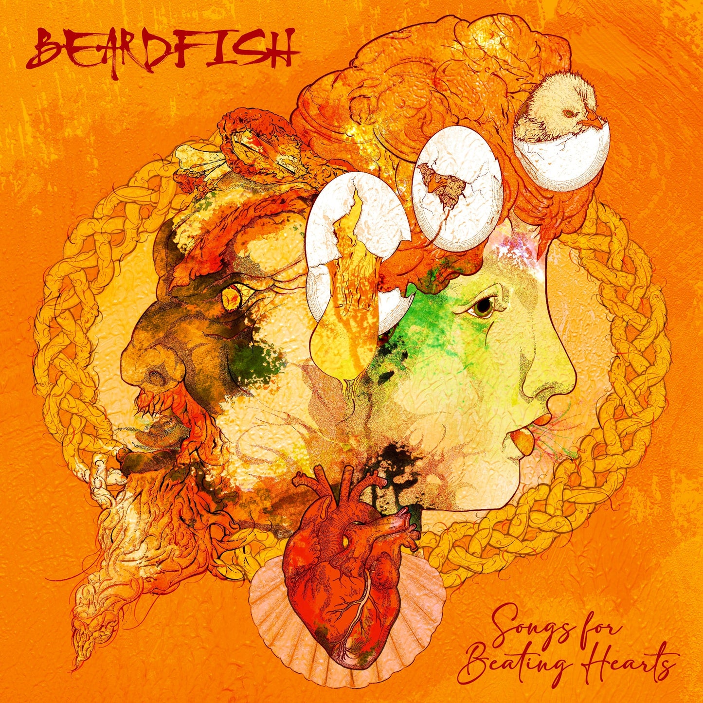 Surreal orange album art featuring a bearded face, a human profile, eggs, and a heart.