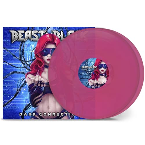 Beast In Black Dark Connection album cover art next to a translucent pink vinyl record.