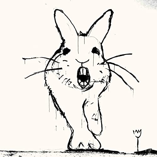 Black and white sketch of a screaming rabbit with a small flower.