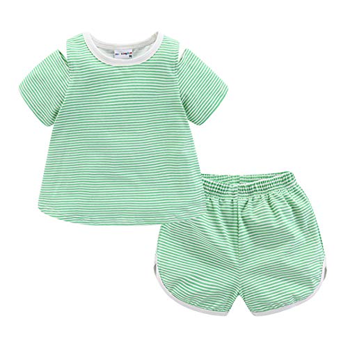 Striped green baby t-shirt and shorts set on a white background.