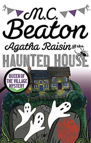 Book cover featuring a haunted house, three ghosts, tombstones, and a spider.