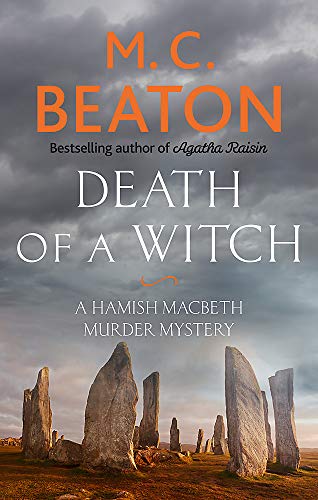 Book cover: "Death of a Witch" with standing stones backdrop.