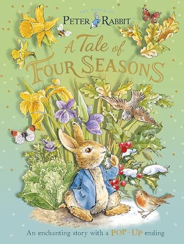 Peter Rabbit book cover with seasonal foliage and animals.