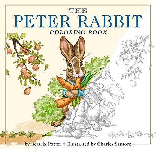 Peter Rabbit coloring book cover with rabbit, carrots, and foliage.