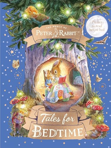 Peter Rabbit reading to baby rabbits in a tree hollow, bedtime stories.