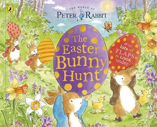 Peter Rabbit and friends search for Easter eggs in a colorful garden.