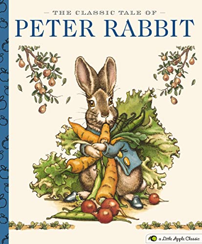 Peter Rabbit illustrated cover with carrots, lettuce, and other vegetables.