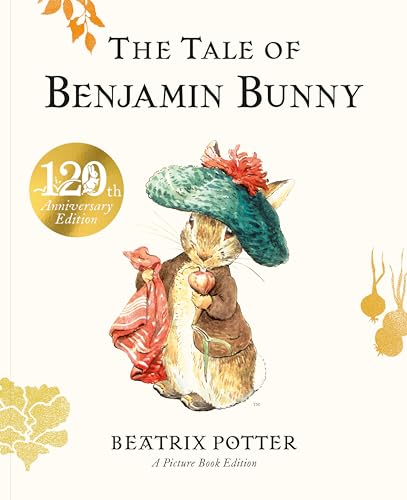Benjamin Bunny in a jacket and hat holding a wrapped gift.