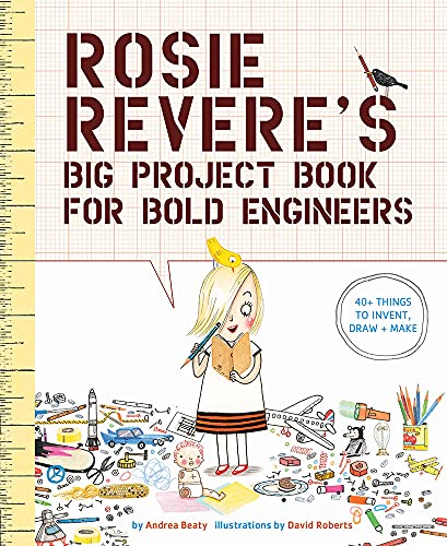 Children’s book cover with girl, tools, and inventions on a grid background.