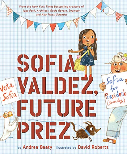 "Children's book cover featuring a cartoon girl campaigning with supporters around her."
