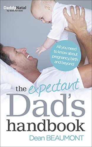 Book cover featuring a man holding a baby, titled "The Expectant Dad's Handbook".