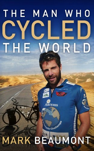 Book cover: man with bicycle in desert landscape, titled "The Man Who Cycled The World".