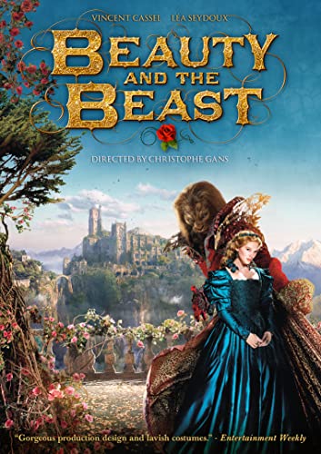 Beauty and the Beast DVD cover with castle and couple embracing.