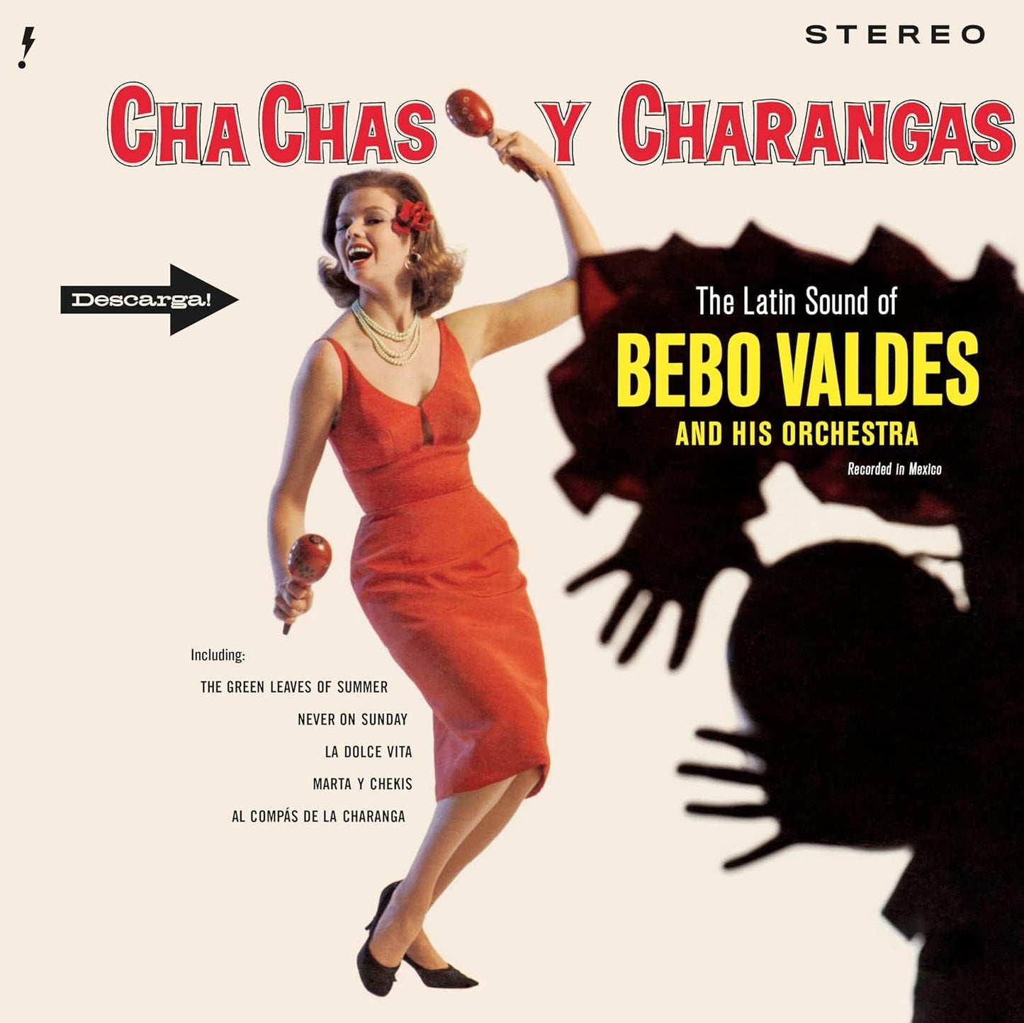 Bebo Valdes album cover: woman in red dress, abstract floral design.