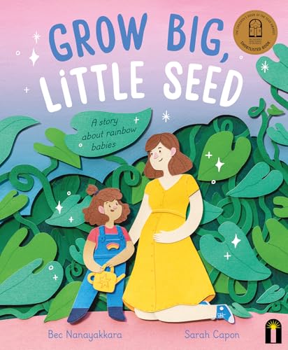 Book cover: mother and child among green leaves, rainbow imagery.