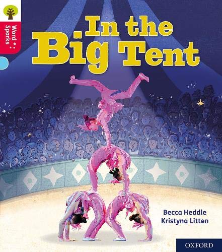 Three acrobats in pink perform a human pyramid under a tent.