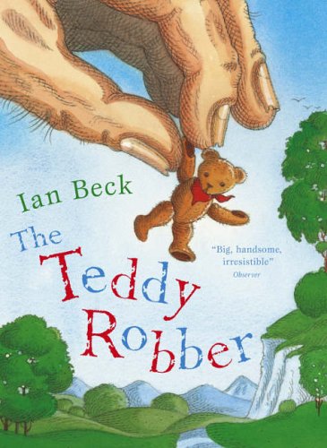 Book cover: large hand holding a small teddy bear over a landscape.