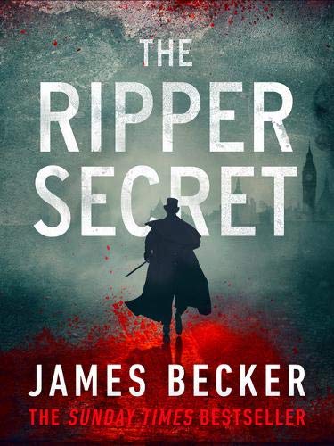 Book cover: shadowy figure in Victorian London, red splatter effect.