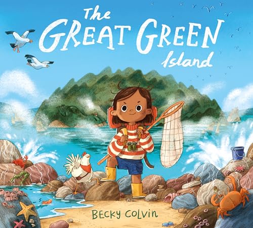 Book cover: girl with butterfly net on a beach, green island backdrop.