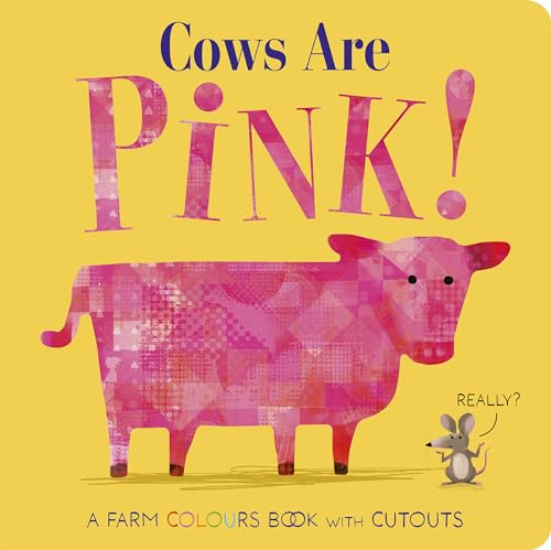 A yellow book cover features a pink patterned cow and a small questioning mouse.