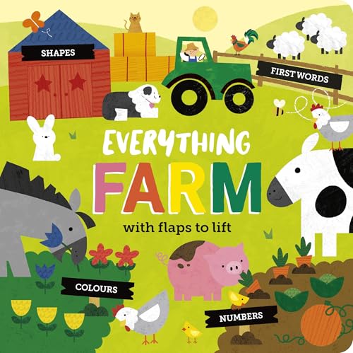 Children's book cover titled Everything Farm featuring colorful illustrations of farm animals and tractor.