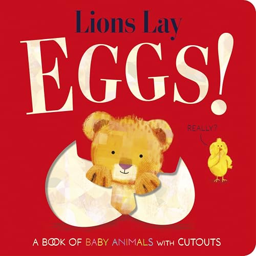 Red book cover with a lion cub emerging from an eggshell cutout.