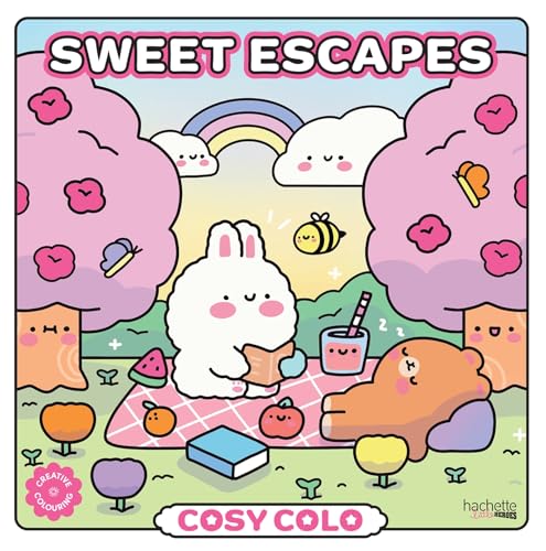 Colouring book cover with cute animals having a picnic under a rainbow.