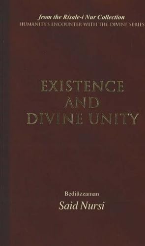 Dark red book cover with gold text: "Existence & Divine Unity" by Said Nursi.