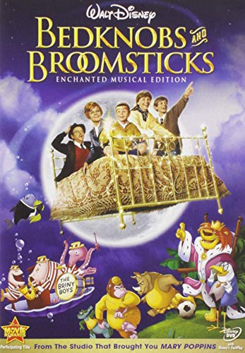 Bedknobs and Broomsticks" DVD cover featuring characters flying on a bed.