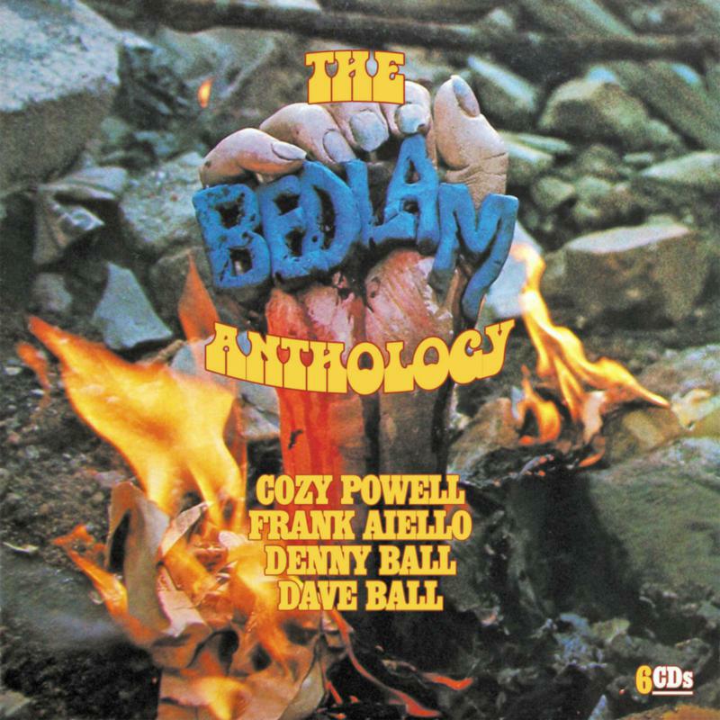 CD cover for "Bedlam Anthology" with a fiery, rocky landscape.